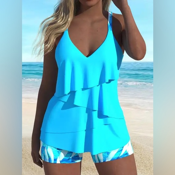Other - Blue Tropical Layered Women's Swim Tankini Plus Size